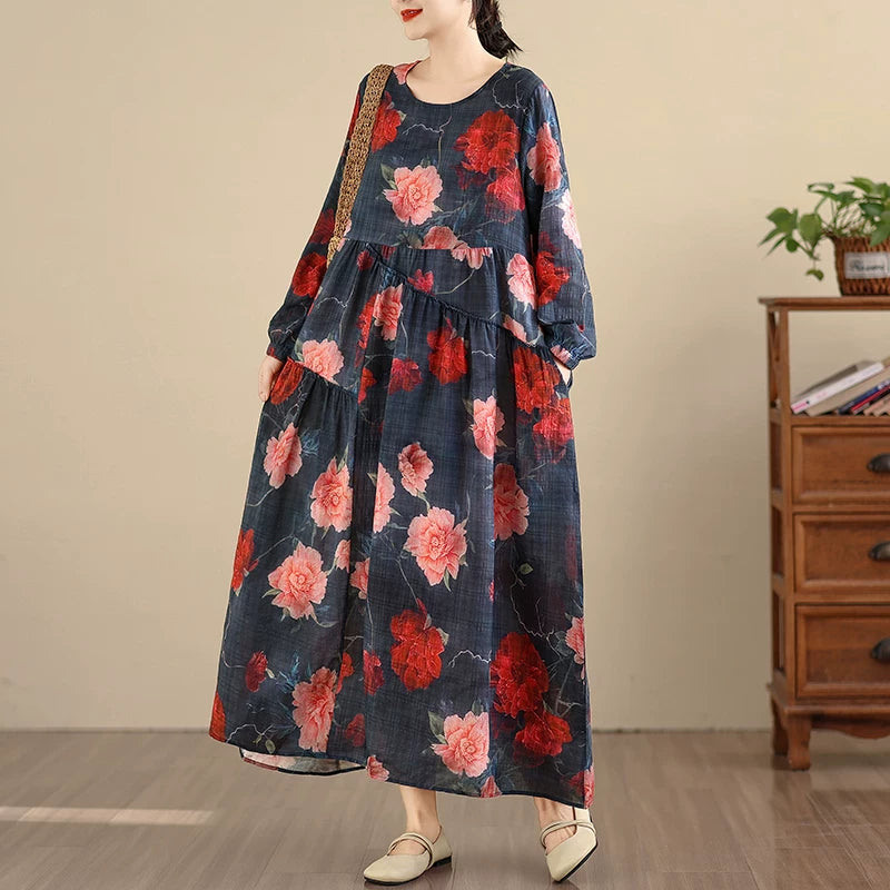 【60%OFF⭐️早い者勝ち】【ワンピース】レディース 長袖ワンピース リネンコットン ミディアム丈 大きめ フレア 花柄 フリル デザイン【SHシリーズ】