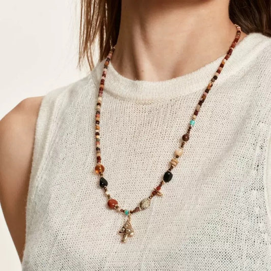 【🎁 B2G1｜先行スタート！】【グッズ】キノコ カラービーズ ネックレス 個性派デザイン 重ね付け ヴィンテージ風 ニット チョーカ