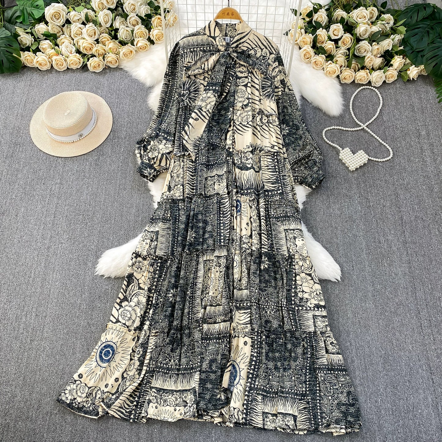 【ワンピース】プリントVネック お腹周りカバー フリル 長袖 ワンピース 【SHシリーズ】