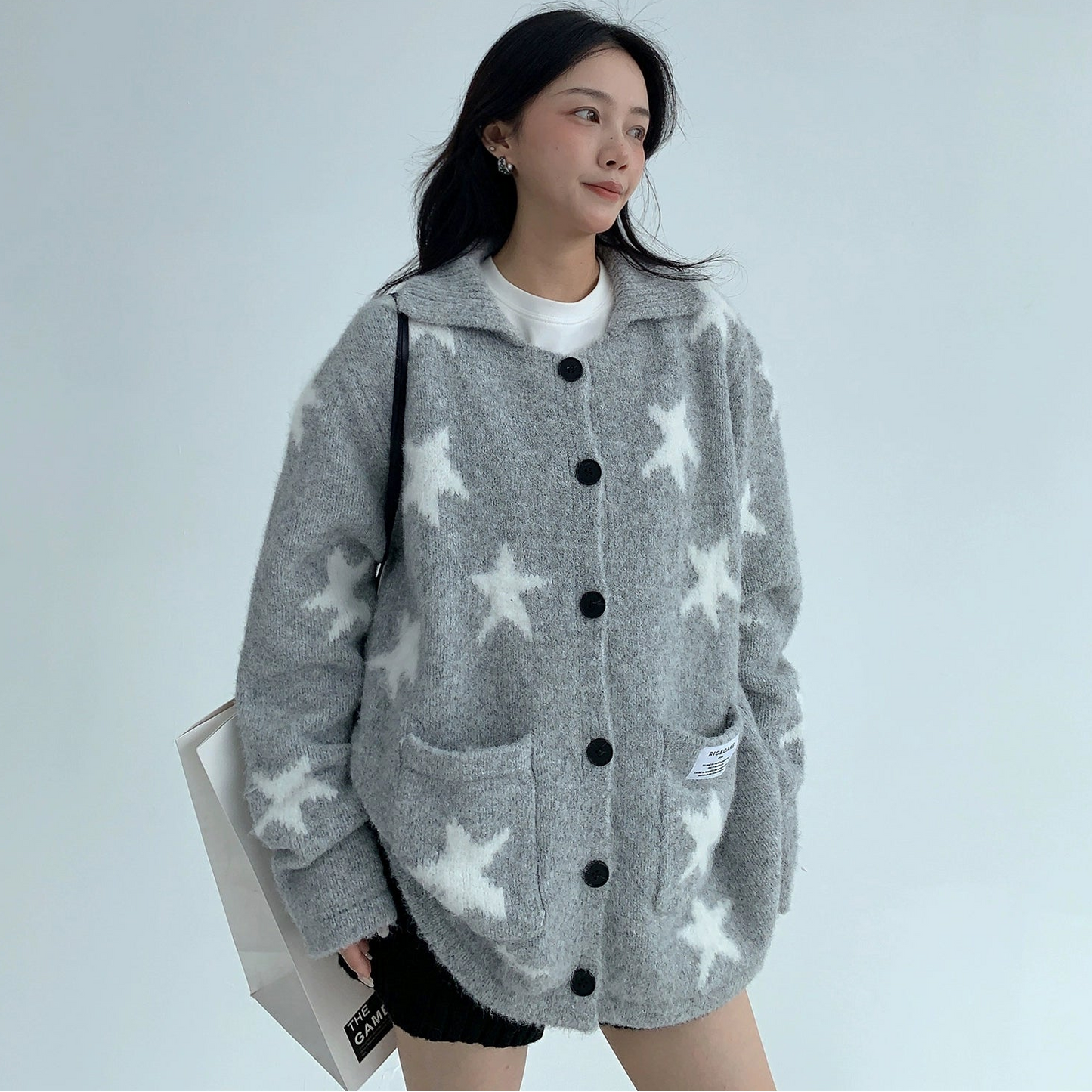 【アウター】韓国風 レトロ 星柄 合わせやすい oversize ニットセーター ジャケット【FCシリーズ】