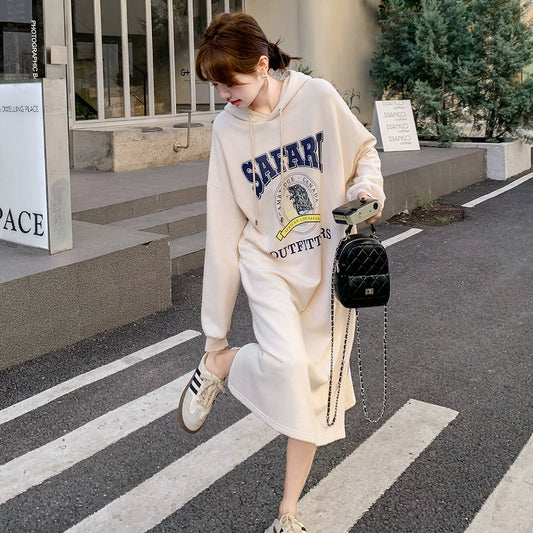 【ワンピース】高級感 韓国風  オフホワイト フード付き長袖ワンピース おしゃれ ゆったりスウェットロングワンピース【JZシリーズ】