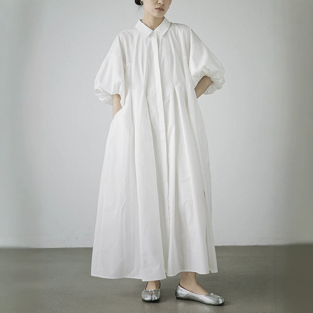 【ワンピース】パフスリーブワンピース レディース 春夏 ゆったりシルエット きれいめ 半袖 ロングワンピース【JZシリーズ】