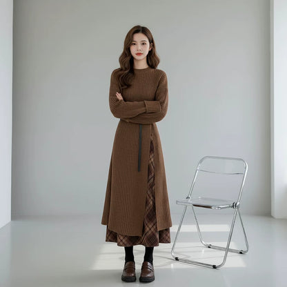 【セットアップ】メラード風 春 秋 冬 ニット ワンピース + ベルト + チェック柄  スカート 3点 ワンピースセット 【JZシリーズ】
