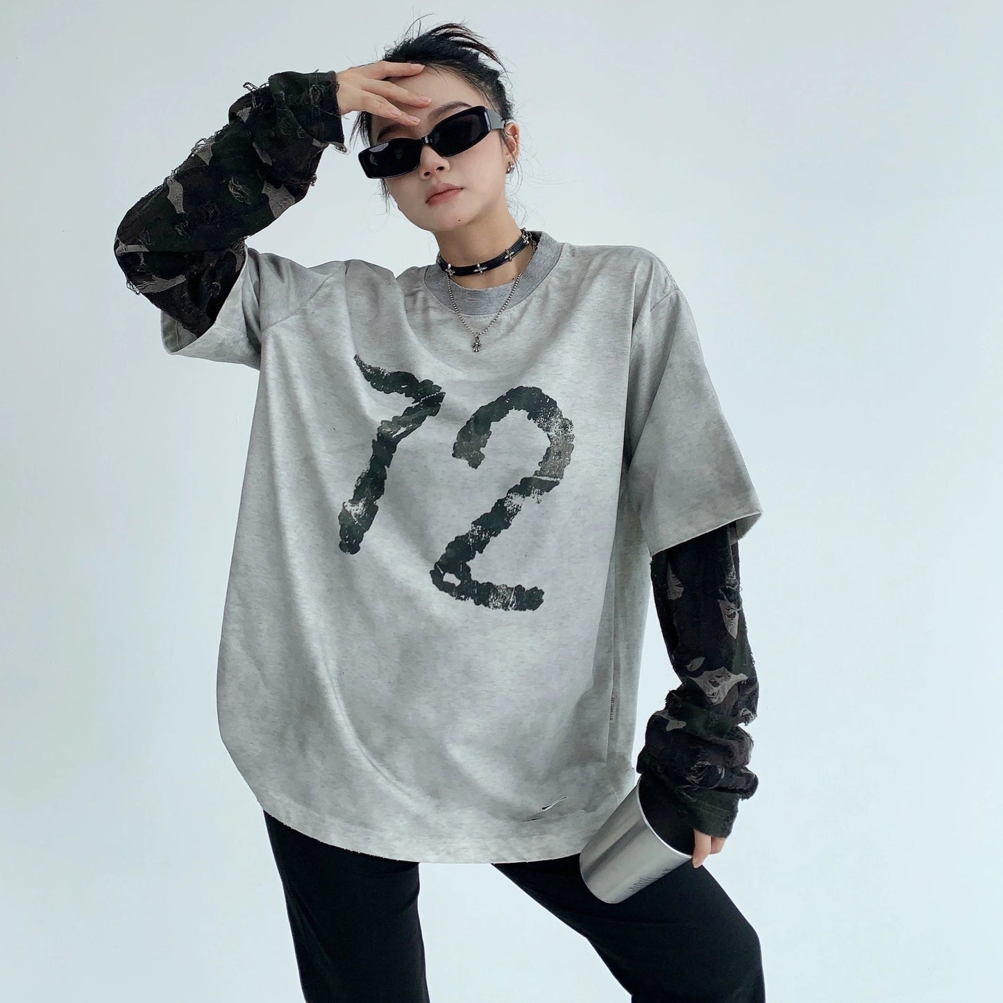 【24AW】【10～15日内発送】【トップス】日系  oversize ヴィンテージ加工 フェイクレイヤード Ｔシャツ【FCシリーズ】