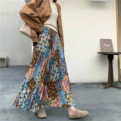 【ボトムス】プリーツ＆花柄 スカート レディース Aライン ミディ丈 ヒップカバー 大きめ フレアスカート【SHシリーズ】