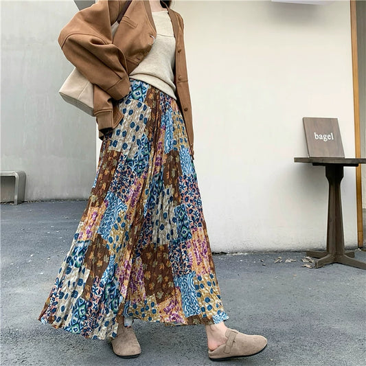 【ボトムス】プリーツ＆花柄 スカート レディース Aライン ミディ丈 ヒップカバー 大きめ フレアスカート【SHシリーズ】