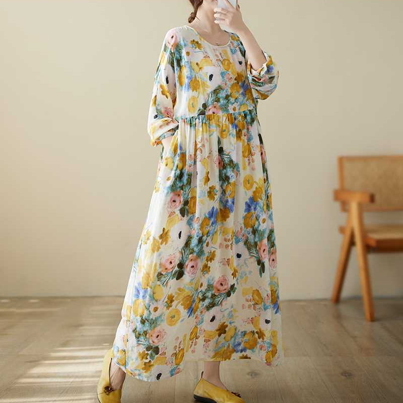 【ワンピース】ラウンドネック ナチュラル ナチュラル プリント 長袖 ワンピース 【SHシリーズ】