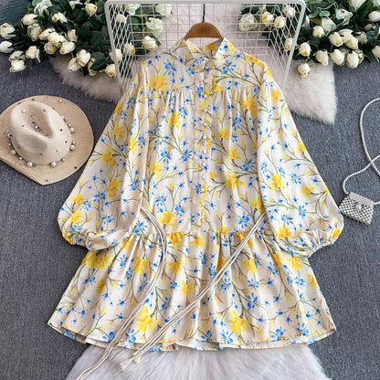 【ワンピース】小花柄パフスリーブワンピース レディース 春秋新作 前開き ロープベルト Aライン フレンチ風 フェミニン【SHシリーズ】