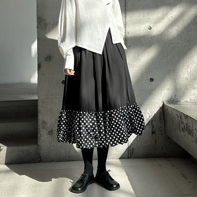 【ボトムス】春 秋 冬 ウエストゴム バルーン裾 ドット切り替え Aライン スカート 【AHシリーズ】