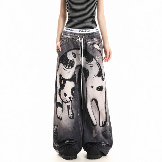 【ボトムス】グラフィティ猫デザイン イージーパンツ 猫柄 ネコ ゆったりフィット リラックス カーブシルエット カジュアルパンツ【FCシリーズ】