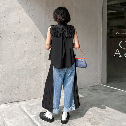 【ボトムス】レトロ香港風 バイカラー切替 プリーツデニムパンツ レディース 夏 ストレートパンツ 九分丈 ゆったり カジュアル【AHシリーズ】