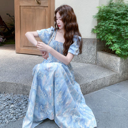 【ワンピース】グラデーション染め刺繍入りパフスリーブワンピース Aライン半袖【SHシリーズ】