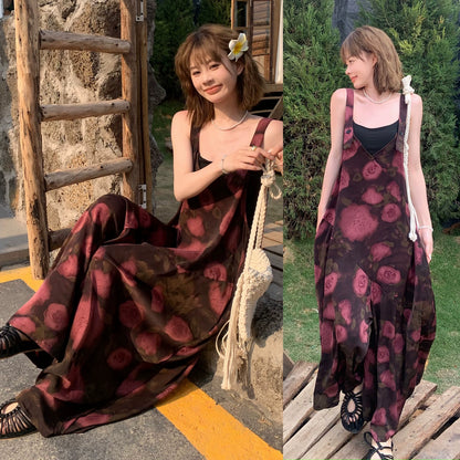 【ボトムス】夏新作 リラックス感たっぷり 山茶ローズ柄 オーバーサイズサロペット ゆった オールインワン【SHシリーズ】
