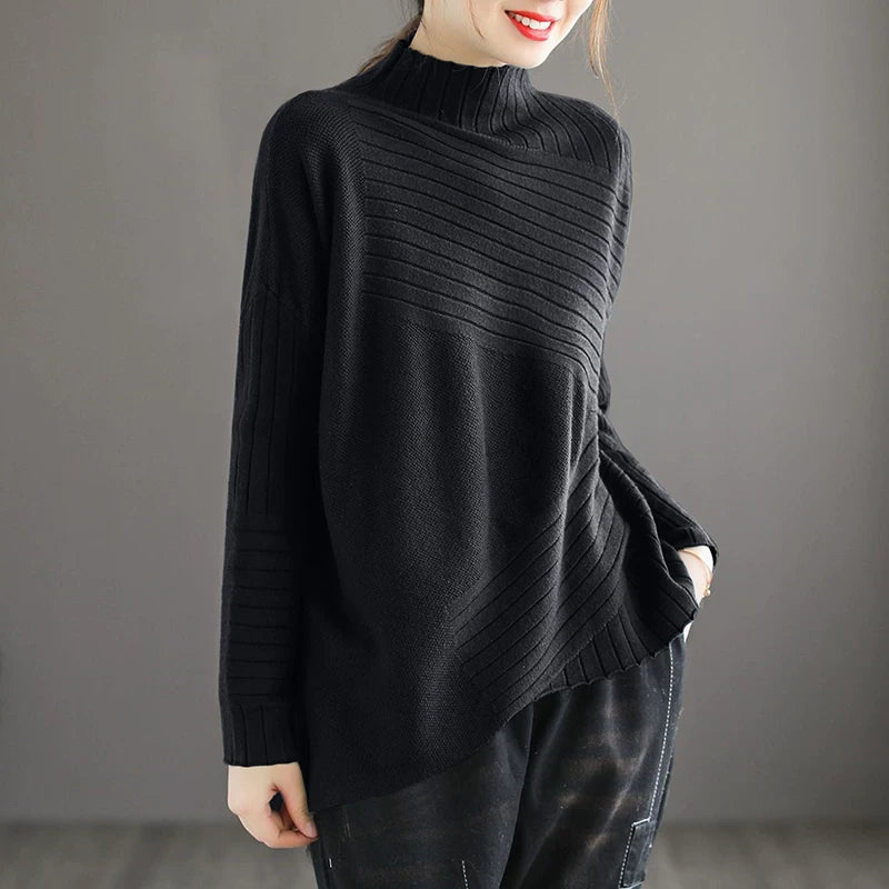 期間限定❄️60%OFF【トップス】レディース ハイネックアシンメトリーニット 秋冬新作 薄手 ゆったり 大きいサイズ【JZシリーズ】