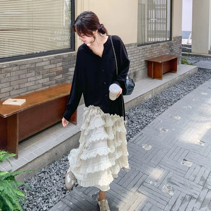 【ワンピース】アシンメトリー フリル レース 切り替えし カジュアル 長袖ワンピース【JZシリーズ】