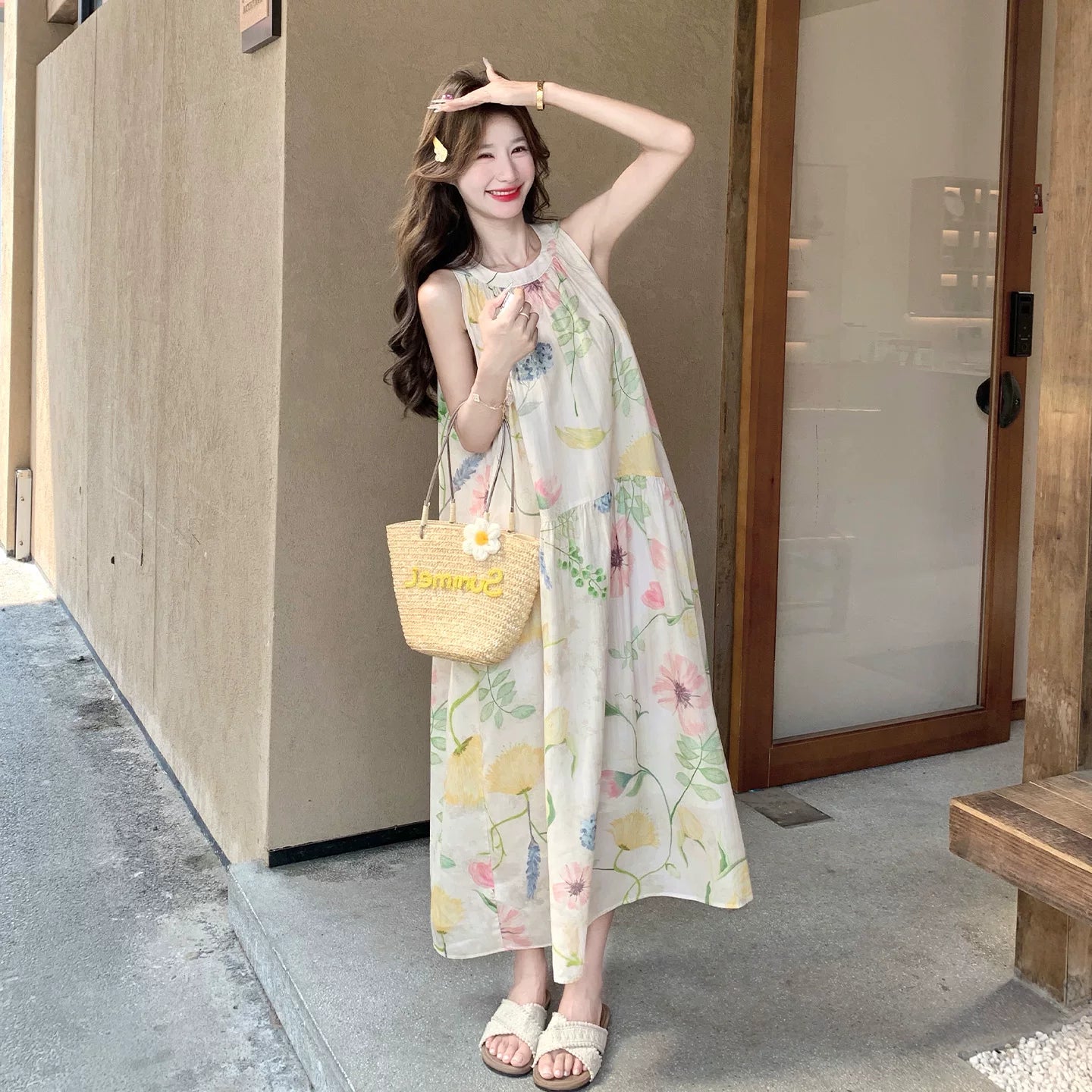 【ワンピース】フレンチレトロ花柄ホルターネックワンピース レディース リゾート風 ロング丈 プリント 夏ワンピース【SHシリーズ】