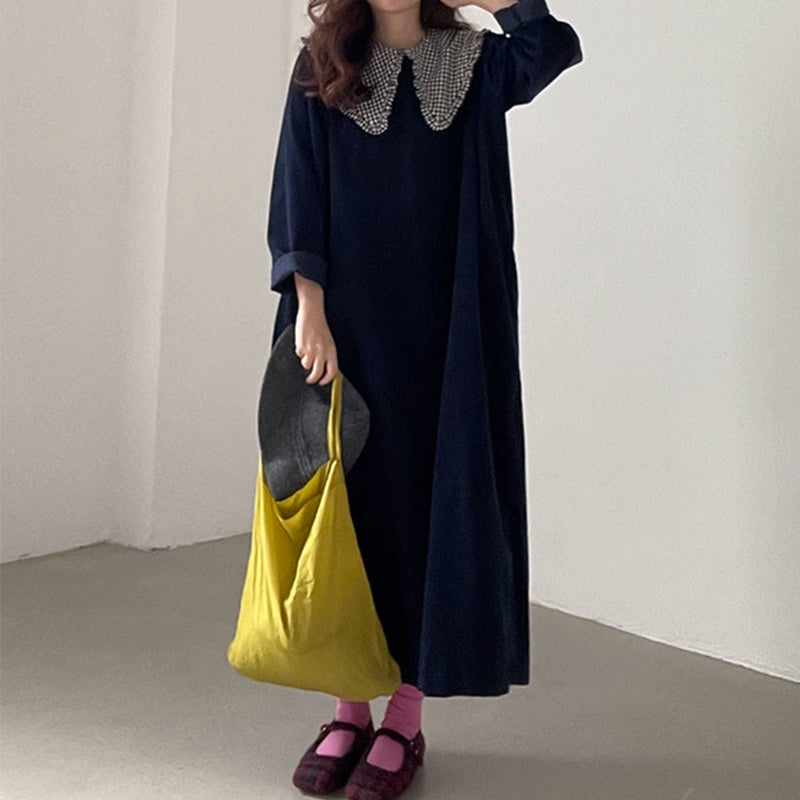 【24AW】【ワンピース】チェック柄 ドールカラー 切り替え 配色 ゆったり長袖ワンピース