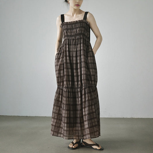 【ワンピース】きれいめ チェック柄ワンピース レディース 春夏 キャミソールワンピース ノースリーブ Aライン ロング丈【JZシリーズ】