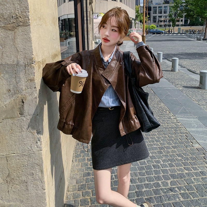 【アウター】メラード ブラウン レザージャケット レディース 春秋 上質感 ストリート系 ショートジャケット【JZシリーズ】