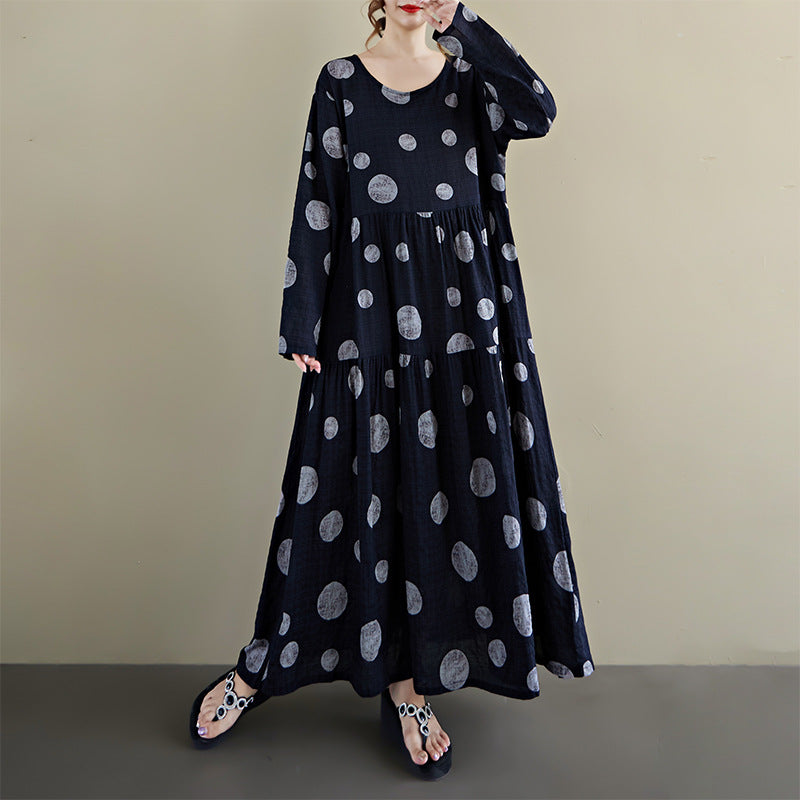 期間限定🍂60%OFF【ワンピース】レトロプリントワンピース レディース 秋新作 長袖 クルーネック ゆったり フレア ロング丈【SHシリーズ】