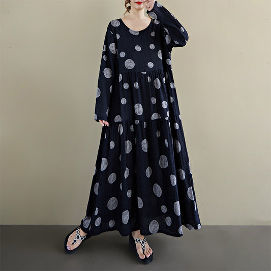 期間限定🍂60%OFF【ワンピース】レトロプリントワンピース レディース 秋新作 長袖 クルーネック ゆったり フレア ロング丈【SHシリーズ】