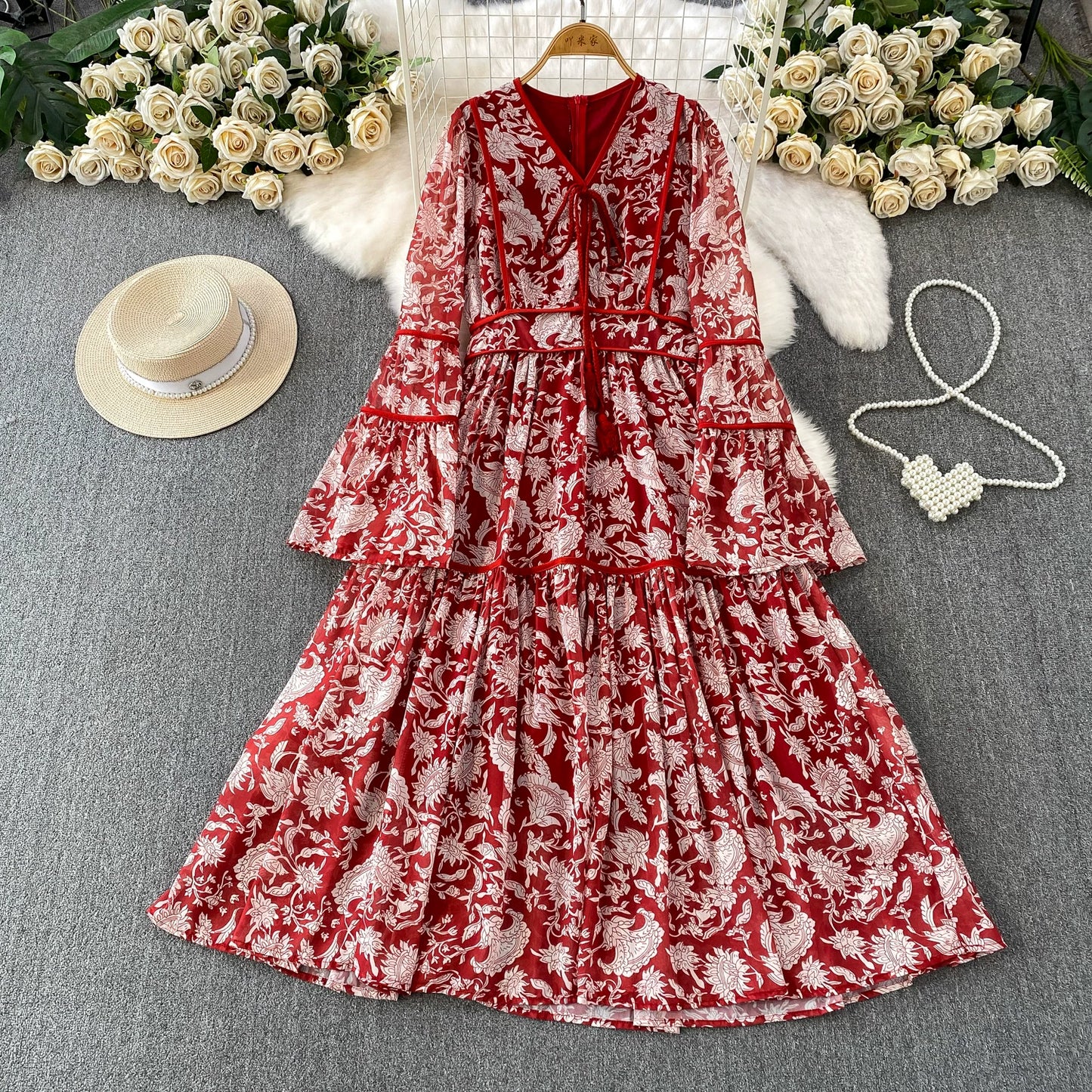 【ワンピース】大人エレガント♡フレンチレトロ 長袖 フリルワンピース｜ウエストマークで細見え【SHシリーズ】