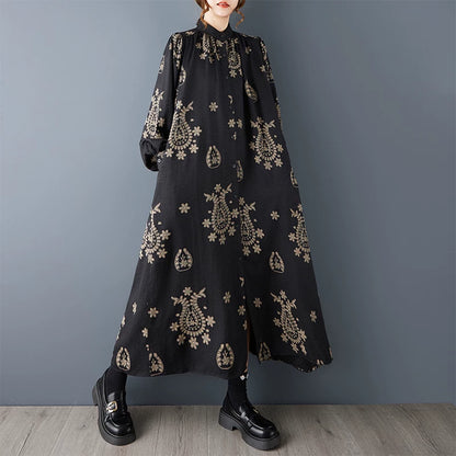 【ワンピース】プリント切替 長袖 シャツワンピース スタンドカラー ゆったり 大きいサイズ ミディ丈 レディース【SHシリーズ】