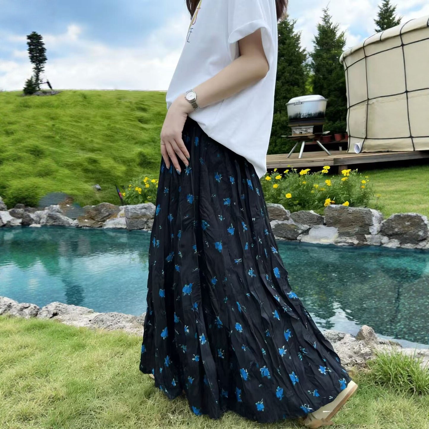 【ボトムス】花柄 韓国風 フラワープリント プリーツロングスカート レディース 夏 ハイウエスト ゆったり 上品 大人可愛い【SHシリーズ】