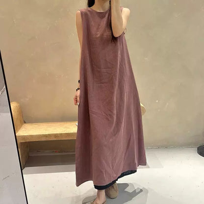 期間限定⭐️60%OFF【ワンピース】レトロ 無地 リネンコットン ミディ丈 キャミワンピース レディース 夏新作 ミニマル ノースリーブ 上品 ゆったり ノースリーブ ワンピース【JZシリーズ】