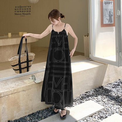 【ワンピース】バカンス配色ジオメトリックプリント リラックス感細見え ノースリーブキャミワンピース【SHシリーズ】