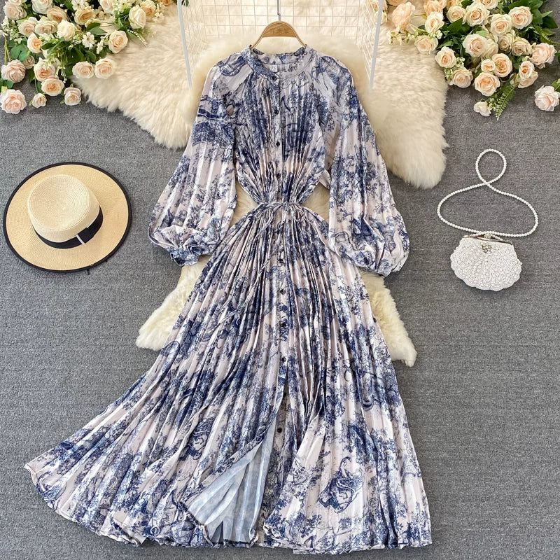 【ワンピース】ラウンドネック サテン プリント プリーツ 長袖 ワンピース 【SHシリーズ】