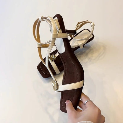 【シューズ】フレンチヴィンテージ  ローマサンダル メタルストラップ スクエアトゥヒールサンダル
