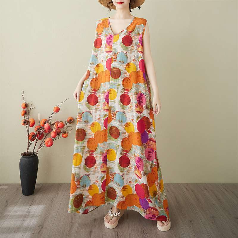 【ワンピース】夏 韓国風 大きいサイズ 綿麻Vネック ノースリーブワンピース【SHシリーズ】