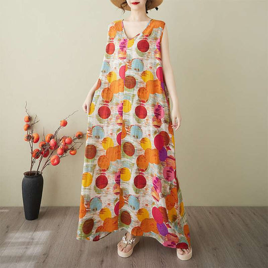 【ワンピース】夏 韓国風 大きいサイズ 綿麻Vネック ノースリーブワンピース【SHシリーズ】