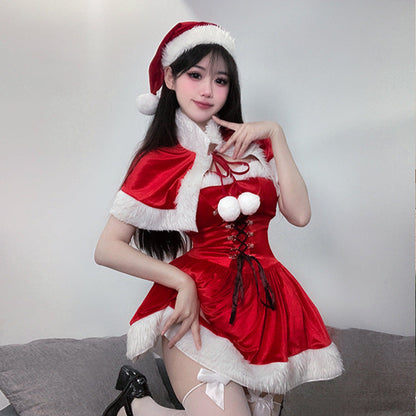 【クリスマス】セクシー コスチューム レディース 秋冬 保温 ワンピース うさぎ 女郎風 ハルタネック ケープ付き