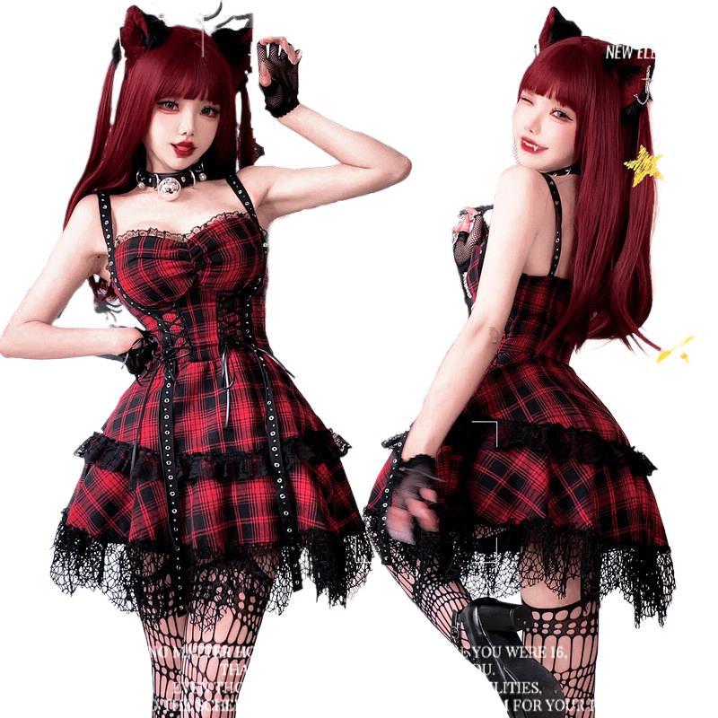 【ハロウィン】ゴシック ロリータ ドレス レディース ヤンキー系 Y2K レッド×ブラック レース 甘辛ミックス ステージ衣装