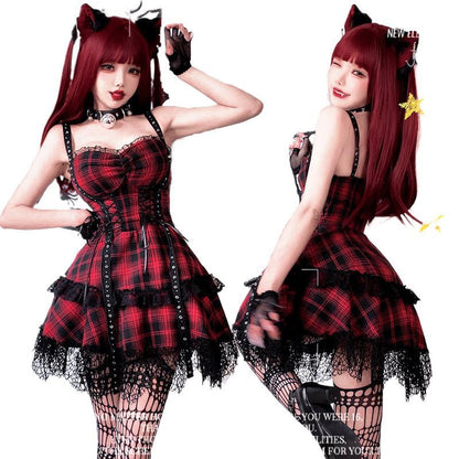 【ハロウィン】ゴシック ロリータ ドレス レディース ヤンキー系 Y2K レッド×ブラック レース 甘辛ミックス ステージ衣装