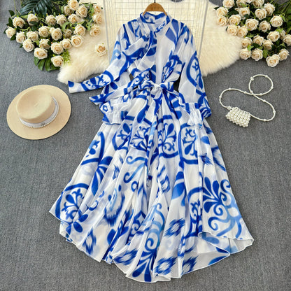 【ワンピース】フレンチエレガンス 気質 レディース シフォン 長袖ワンピース 蝶結びネック フレア 大人可愛い【SHシリーズ】