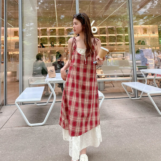 【ワンピース】レトロ チェック柄 レース切替 リボン付き ノースリーブキャミワンピース【SHシリーズ】