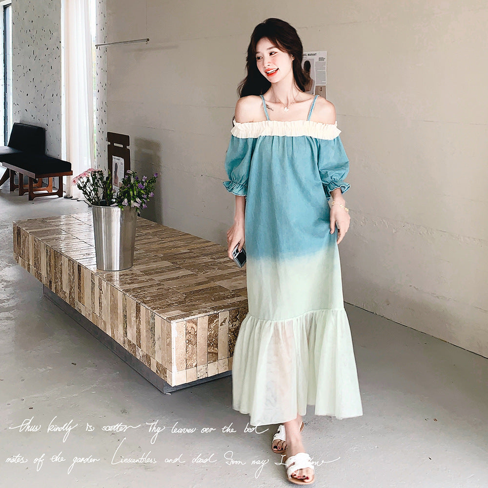 【ワンピース】夏 フレンチ温柔風 スウィート オフショルダーグラデーション 半袖ワンピース【SHシリーズ】