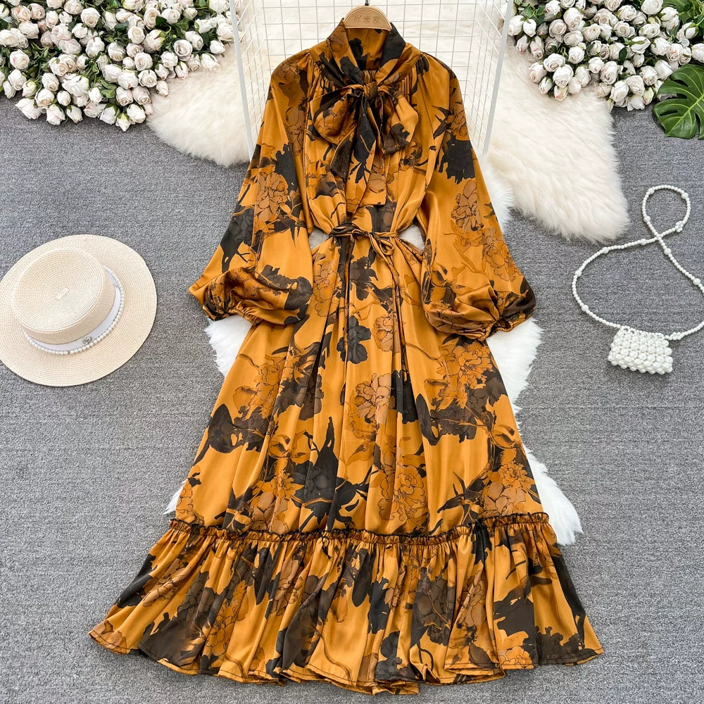 【60%OFF⭐️早い者勝ち】【ワンピース】リボン ウエストマーク Aライン フレア フリル プリント 長袖 ワンピース 【SHシリーズ】