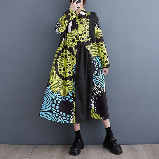【ワンピース】春 秋 冬 大きいサイズ プリント レトロ 長袖 ワンピース【SHシリーズ】