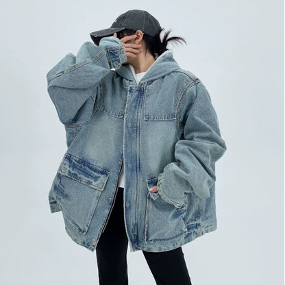 【アウター】韓国系 ヘビーウェイト ニッチ ダメージ加工 デニム ゆったり 綿入れコート【FCシリーズ】