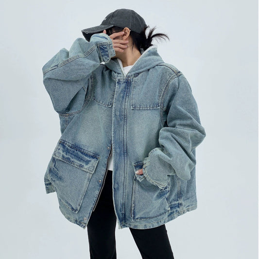 【アウター】韓国系 ヘビーウェイト ニッチ ダメージ加工 デニム ゆったり 綿入れコート【FCシリーズ】