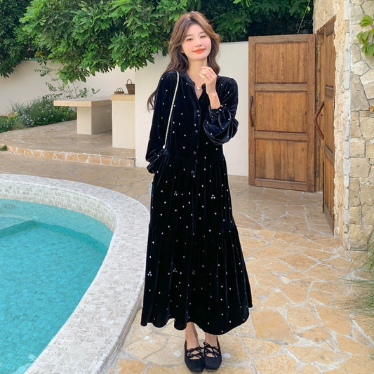 【ワンピース】春 秋 冬 大人フェミニン フレンチレトロ 刺繍 ベルベット 気質よい 長袖ワンピース【SHシリーズ】