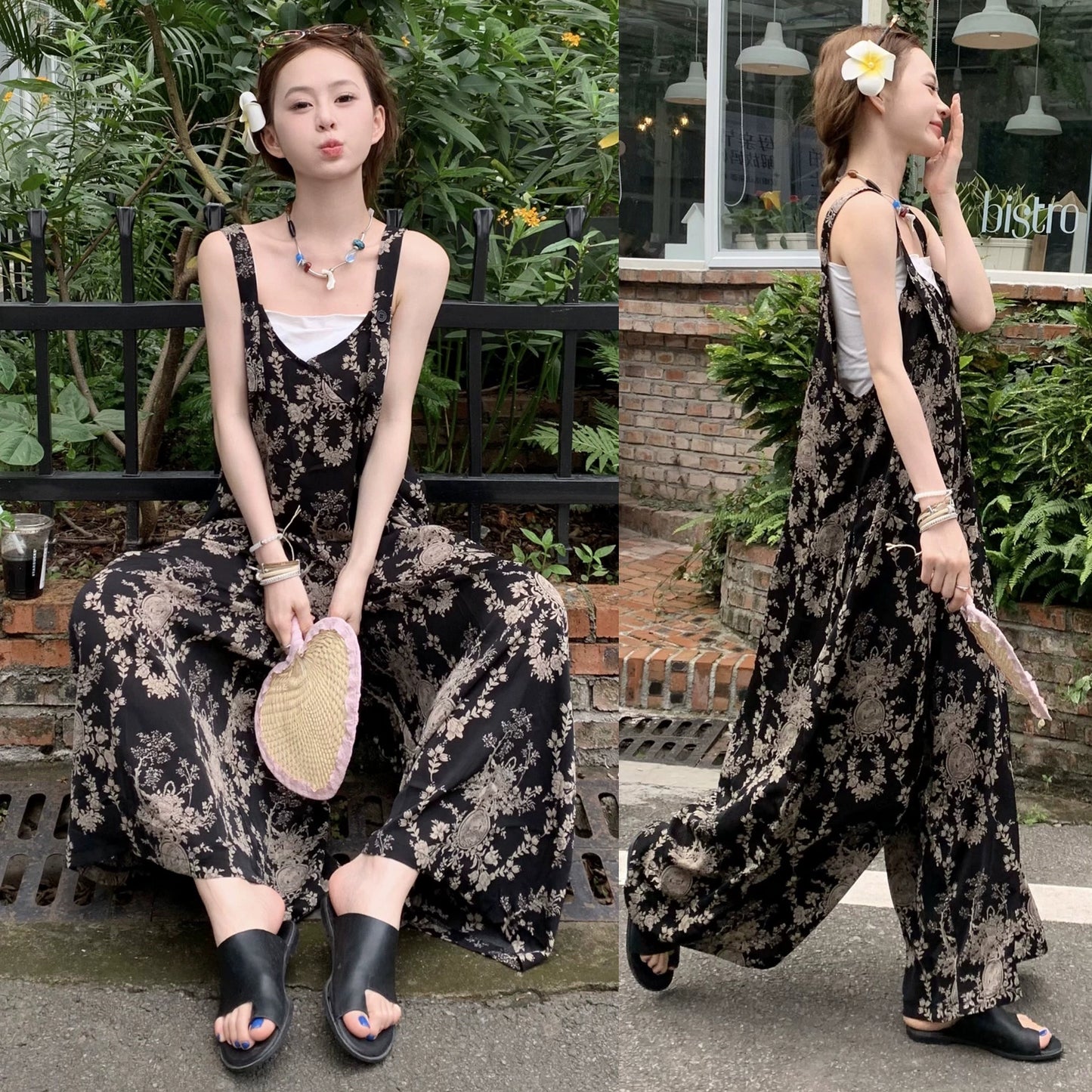 【ボトムス】夏新作 チャイナ風 ゆったりカジュアル ルーズ感たっぷり Vネックキャミオールインワン【SHシリーズ】