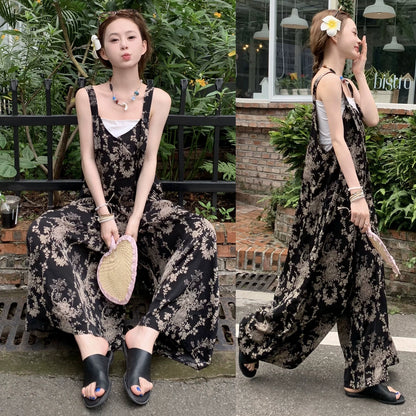 【ボトムス】夏新作 チャイナ風 ゆったりカジュアル ルーズ感たっぷり Vネックキャミオールインワン【SHシリーズ】