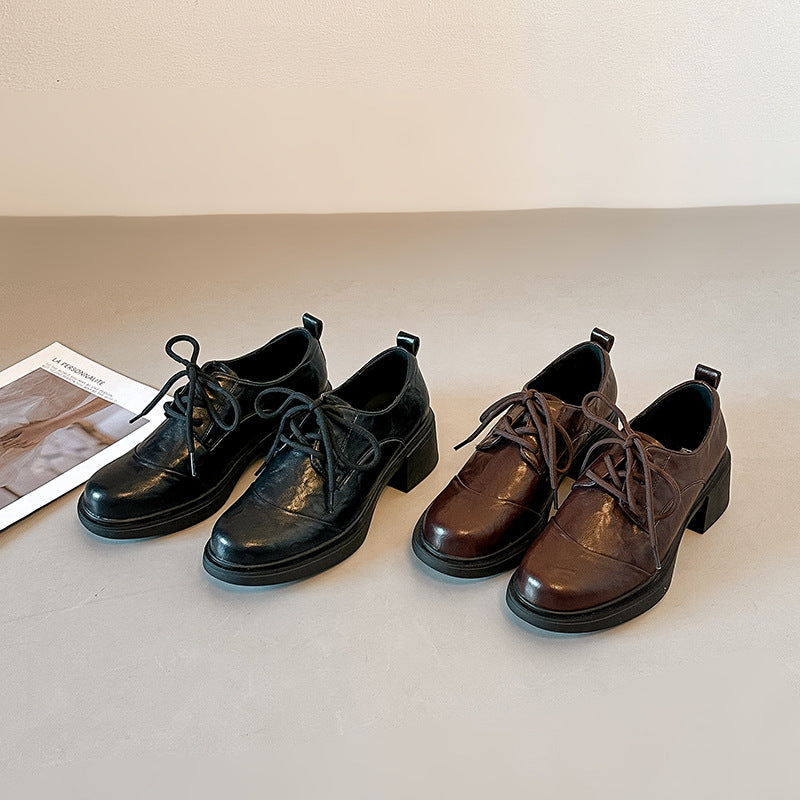 【シューズ】レトロ 厚底 チャンキーヒール ソフトレザー ローファー レディース シューズ パンプス