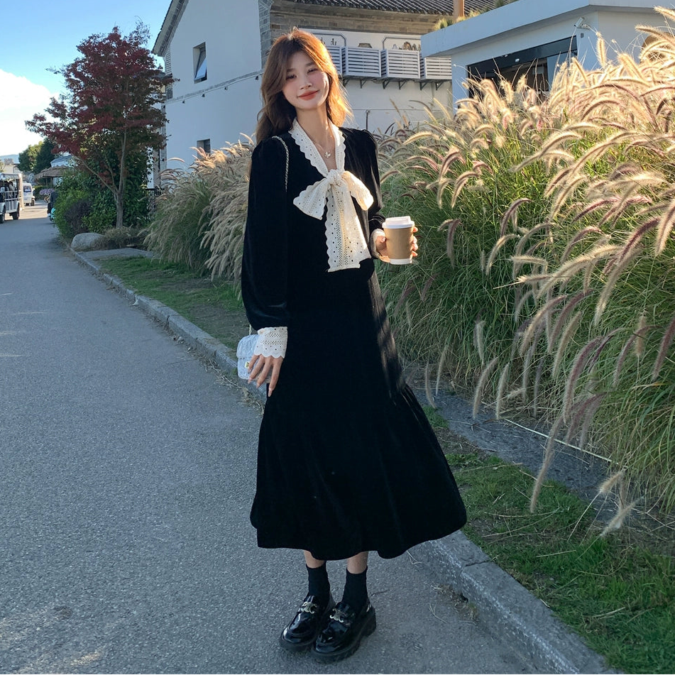 【ワンピース】フレンチ リボンタイ ベルベット シャネル風 長袖ワンピース【JZシリーズ】