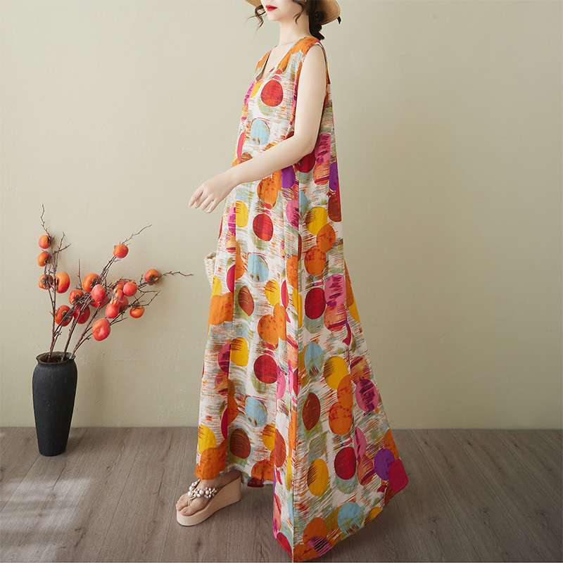 【ワンピース】夏 韓国風 大きいサイズ 綿麻Vネック ノースリーブワンピース【SHシリーズ】